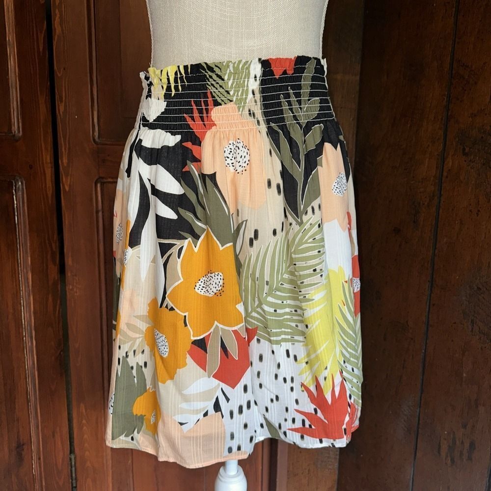 Women's LOFT Orange‎ Floral Smock Waist Flare Short Lined Skirt Size Small EUC